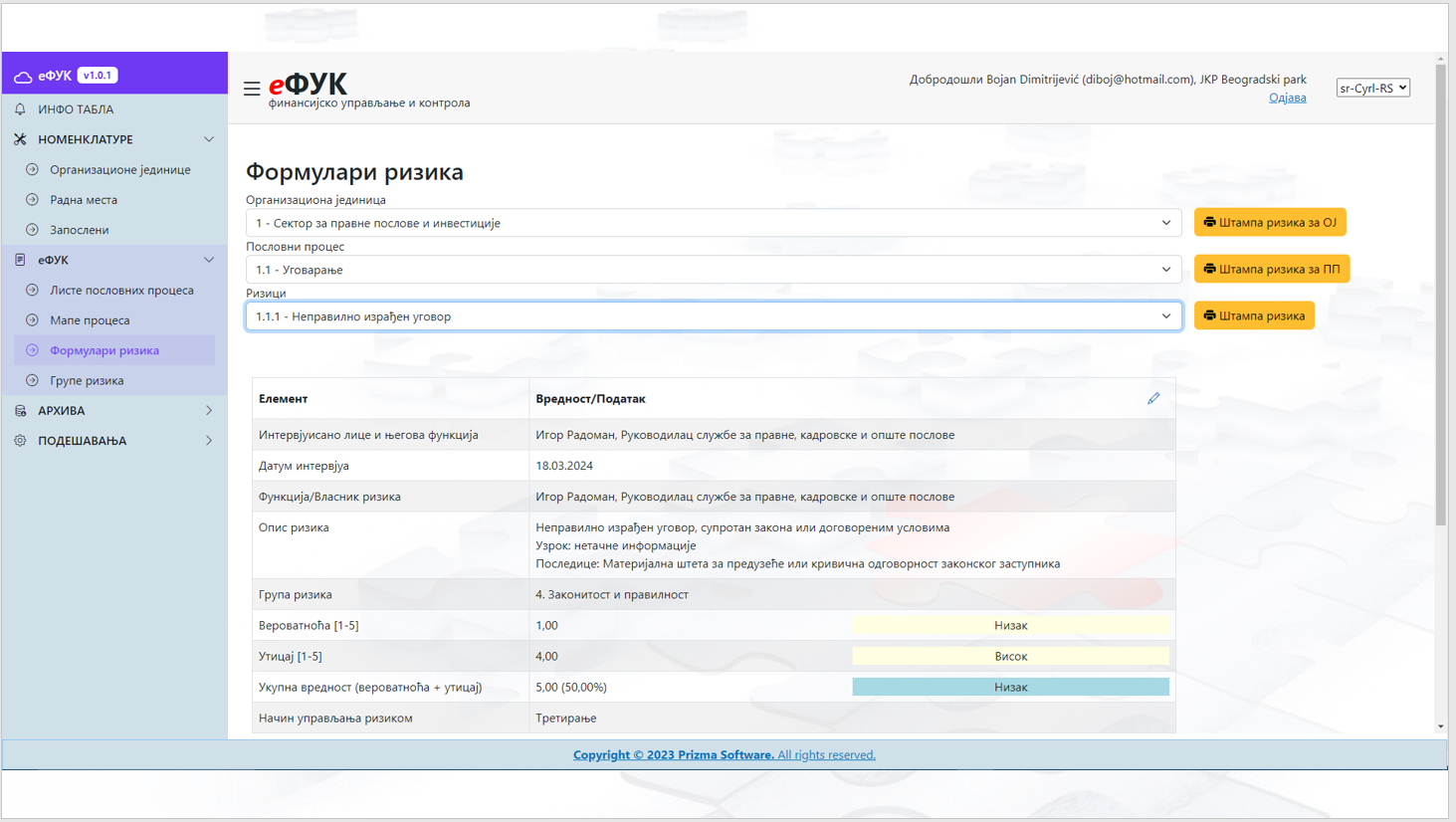 Formular procene rizika u sistemu finansijskog upravljanja i kontrole eFUK