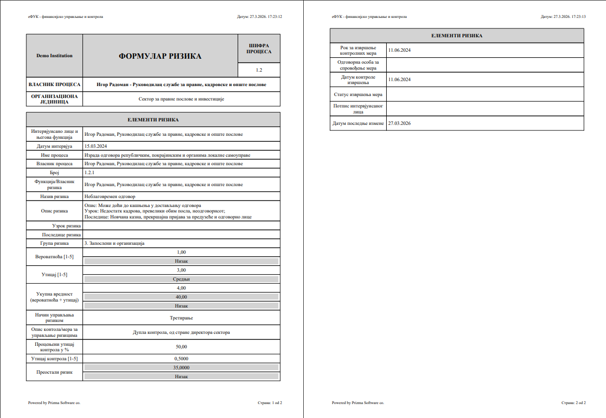 Automatski generisan izveštaj formulara rizika u eFUK sistemu